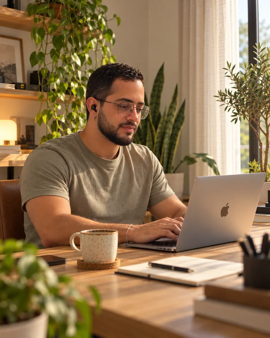 Philipe Silva trabalhando no notebook, num estúdio com plantas